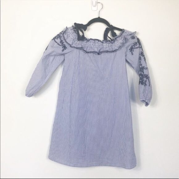 Market Spruce Blue Striped Off Shoulder Mini Dress Embroidered Sleeves Small - Picture 4 of 7